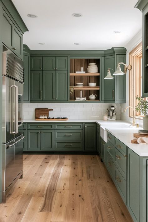 Sage Green Kitchen Cabinets: Transform Your Space with These Ideas - Quiet Minimal Green Cabinets Kitchen White Countertops, Dark Sage Green Cabinets Kitchen, Redo Cabinets Kitchen, Kitchen Ideas With Green Cabinets, Green Kitchen With Gold Accents, Green Colors For Kitchen Cabinets, Green Kitchen Cottage, Mossy Green Kitchen Cabinets, Cushing Green Cabinets