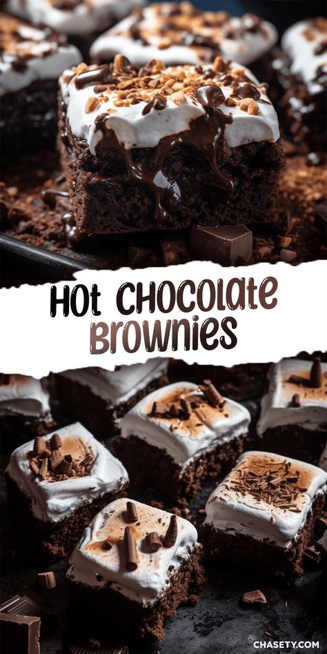 Hot Cocoa Baking Recipes, Hot Chocolate Brownie Cookies, Xmas Brownie Ideas, New Years Brownies, Hot Cocoa Dessert Recipes, Chocolate Dessert Christmas, Brownies Christmas Ideas, Brownie Recipes Christmas, Chocolate And Marshmallow Desserts