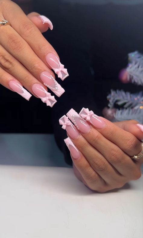 By @nailz_bytanya Bow Nails Acrylic, Barbie Graduation, Pink Bow Nails, Shimmery Nails, Bow Nails, Girly Acrylic Nails, French Acrylic Nails, Unique Acrylic Nails, Bling Acrylic Nails