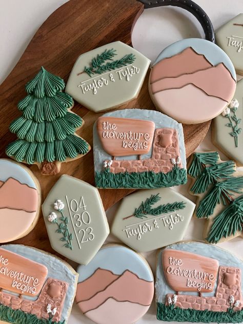 #sugarcookies #outdoortheme #hikingtheme #wildernesstheme #adventureawaits #nationalparkscookies Mountain Cookies Decorated Wedding, Mountain Theme Cookies Decorated, Last Trail Before The Veil Cookies, Mountain Cookies Royal Icing, Adventure Cookies Decorated, Outdoor Themed Cookies, Hiking Cookies Decorated, Colorado Cookies Decorated, Adventure Wedding Shower Theme