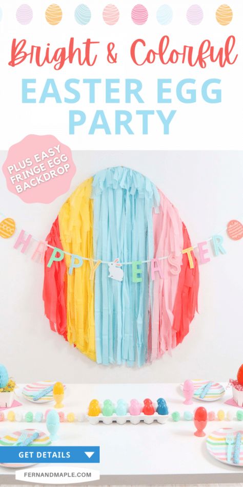 Create an easy and affordable Bright and Colorful Easter Egg-Themed Party with a DIY Fringe Party Backdrop and table setting ideas! Get details and more Easter Party inspiration now at fernandmaple.com! Egg Themed Party, Diy Fringe Backdrop, Easter Egg Party, Diy Fringe, Egg Party, Brunch Event, Spring Party Decorations, Easter Craft Projects, Hosting Tips