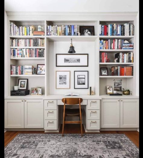 Built In Bookshelves Office Study, Office Built Ins With Desk, Built Ins With Desk, Built In Bookcase With Desk, Home Office Built Ins With Desk, Home Office Library Ideas, Bookshelves Office, Built In Bookshelves, Home Office Built Ins