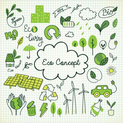 Ecology themed doodle Premium Vector Eco Life, Eco Green, Diy Upcycling, Kawaii Style, Earth Day, Zero Waste, Ecology, Doodle Art, Easy Drawings