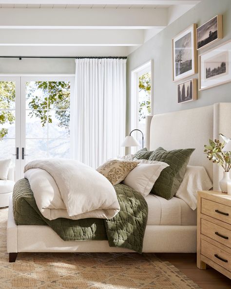 Layer on the comfort with new bedding inspiration! Which look do you love most? Pottery Barn Master Bedrooms Decor, Waffle Duvet Cover, Barn Bedrooms, Tufted Upholstered Bed, Apartment Decoration, Center Point, Green Bedding, Master Bedrooms Decor, Room Interior Design