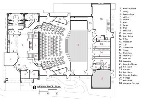 Camelot Theatre | Bruce Richey, Architect, AIA LEED AP BD C | Archinect Theatre Plan, Auditorium Plan, Amphitheater Architecture, Theater Plan, Auditorium Architecture, Church Building Design, Auditorium Design, Theatre Building, Theater Architecture