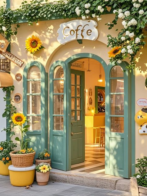 Cute Boutique Exterior, Farm Cafe Design Coffee Shop, Small Cafe Design Interiors, Small Cafe Ideas, Coffee Shop Design Interior, Yellow Coffee Shop, Cafe Design Inspiration, Cafe Designs, Vintage Coffee Shops