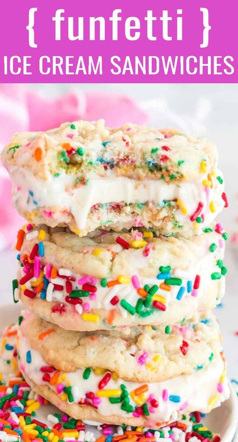 Colorful sprinkles mixed into a sugar cookie recipe and filled with vanilla ice cream, making these funfetti ice cream sandwiches the ultimate summer treat. via @tastesoflizzyt Homemade Ice Cream Sandwiches Cookie, Sugar Cookie Ice Cream Sandwich, Funfetti Ice Cream, Ice Cream Cake Recipe Homemade, Funfetti Recipes, Ice Cream Cookie Sandwich Recipe, Vanilla Ice Cream Sandwich, Ice Cream Making, Cookie Sandwich Recipes