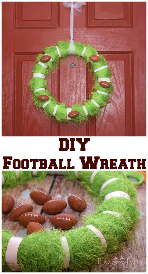 Ready for the Big Game? Make this easy DIY Football Wreath for the front door so everyone knows where the football-watching party is! #ad #TheNewFanFavorites Football Wreath Diy, Sports Party Decorations, Football Crafts, Football Diy, Sports Wreaths, Mesh Wreath Tutorial, Football Wreath, Football Sunday, Valentine Crafts For Kids