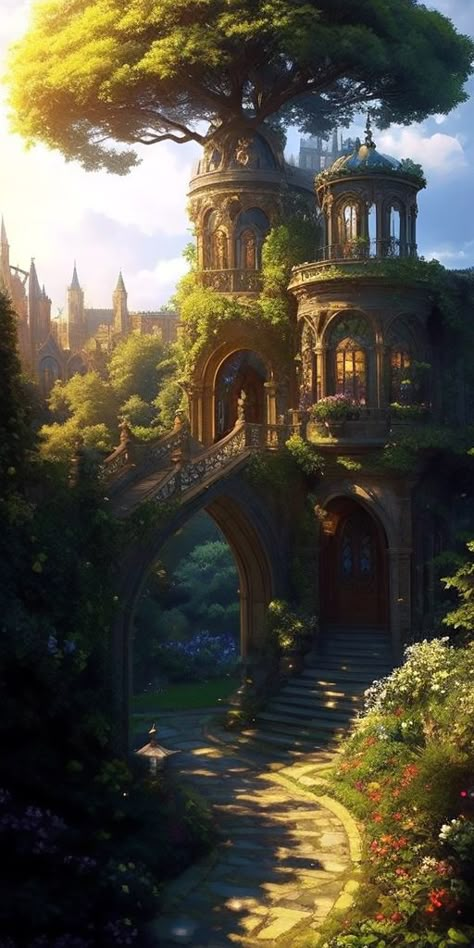 Fantasy Kingdom Art Scenery, Kingdom In The Forest, Elvish Building, Forest Castle Fantasy Art, Wood Elf City, Elven Temple, Fantasy Castle Bedroom, Fantasy Kingdom Cities, Fantasy Town Concept Art