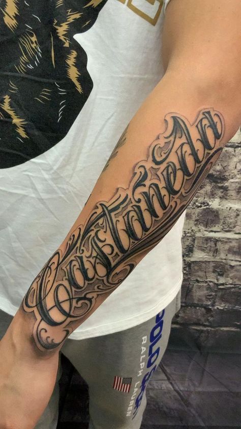 Last Name Forearm Tattoo Men, Tattoo Name Ideas For Men, Garcia Tattoo Last Name, Arm Lettering Tattoo, Last Name Tattoos For Men, Guys Names, Martinez Tattoo, Forearm Name Tattoos, Last Name Tattoos