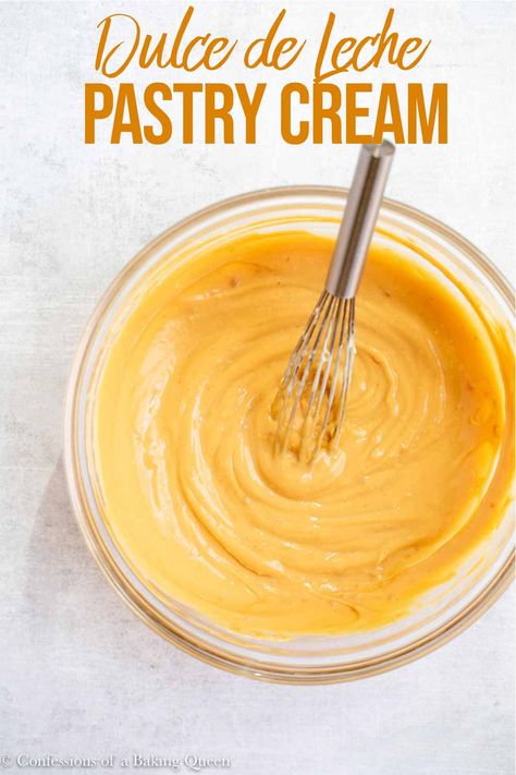 You will love Dule de Leche Pastry Cream!! Pastry Cream (Creme Patissiere) is a delicious creamy filling for napoleons, profiteroles, tarts, cakes and more! This easy recipe for dulce de leche pastry cream has step-by-step photos so you can succeed in cooking pastry cream! #pastrycream #dulcedeleche #creampatissiere Dulce De Leche Cake Filling, Pastry Filling Recipe, Tart Filling Recipes, Creme Patissiere Recipe, Cream Filling Recipe, Cream Pastry, Pastry Cream Recipe, Sweet Sauces, Cake Filling Recipes