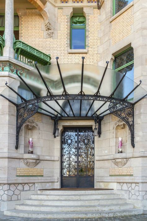 Villa Demoiselle (1908): Front Entrance | Reims, France | Owned by Champagne Vranken-Pommery-Monople. The Vrankens bought Pommery in 2002. The villa - originally named Villa Cochet for a Pommery Director - underwent 4 yr major restoration & was reopened as museum in 2008. The Vrankens renamed it Villa Demoiselle after damselflies & one of their champagnes | Photo credit: Elisa Danielsdottir [PRO] @ FLICKR Reims France, Damselflies, Front Entrance, Front Entrances, Photo Credit, Art Nouveau, Entrance, Champagne, Villa