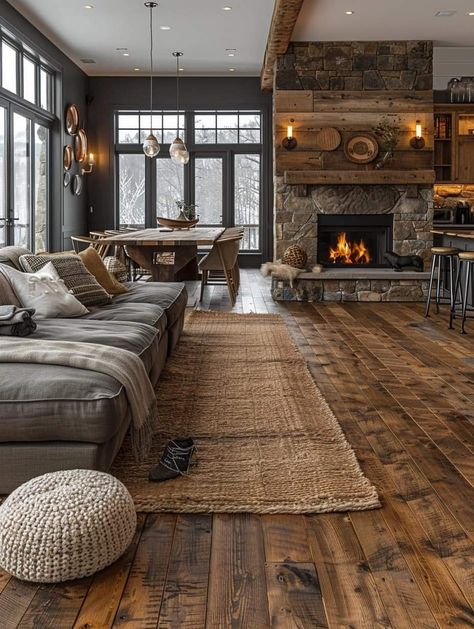 Cozy Barndominium Living Room, Black And Brown Living Room, Cabin Living Room Ideas, Lakehouse Living Room, Cabin Rugs, Living Room Design Inspiration, Dream House Rooms, Cute Home Decor, Dream House Exterior