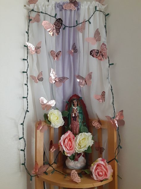 Virgencita Altar At Home, Altar Ideas, Hello Kitty Cake, Altar Decorations, Church Decor, Christmas Deco, Home Made, Room Inspo, Printed Shower Curtain