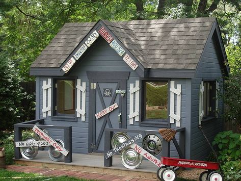 Custom Playhouse - Boys Clubhouse Boys Playhouse Outdoor, Playhouse Makeover For Boys, Playhouse Colors, Boy Playhouse, Outdoor Clubhouse, Kids Garden Play Area, Kids Outdoor Spaces, Boys Playhouse, Playhouse Decor