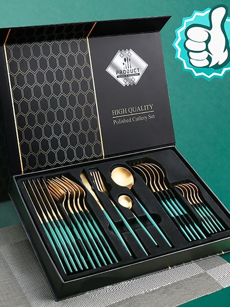 Green Cutlery, Kitchen Checklist, Luxury Cutlery, Crockery Design, Gold Silverware, Cutlery Set Stainless Steel, Gold Dinnerware, Wire Drawing, Holiday Gift Box