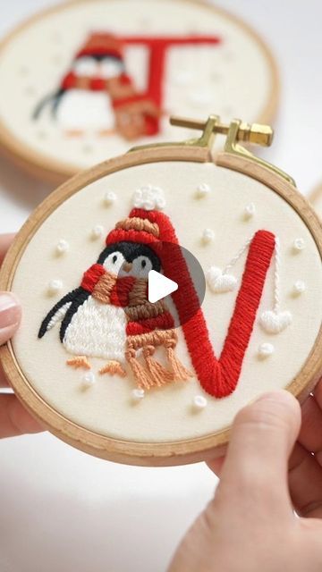 Embroidery by Elahe on Instagram: "Lovely penguins 🥰❤️ new Christmas pattern ✨️PDF letters A-Z with instructions and full video tutorial on momentoell shop or Etsy shop, links in my bio ♥️
Happy stitching! ✨️
.
.
." Bio Happy, Name Embroidery, Embroidery Tutorials, Christmas Pattern, Video Tutorial, Penguins, Stitching, Etsy Shop, Embroidery