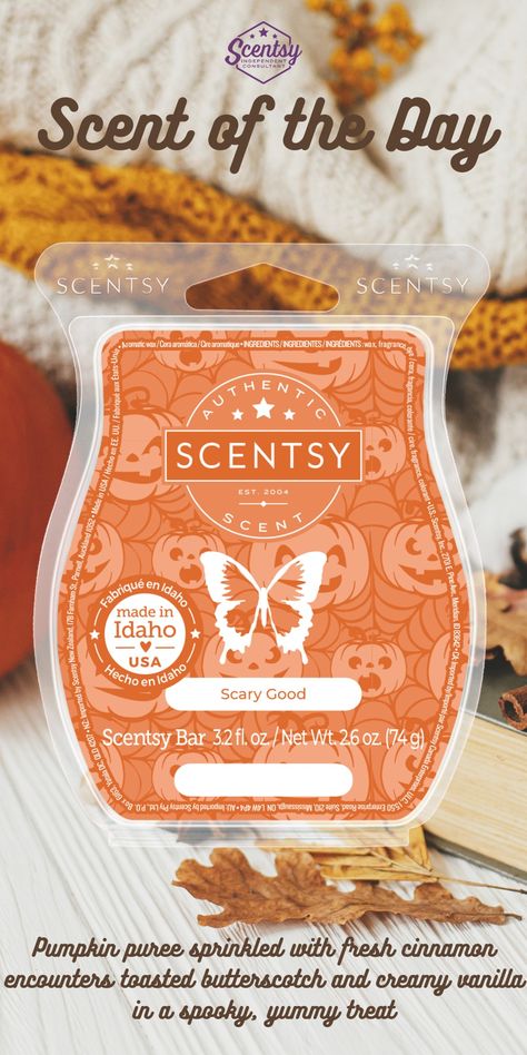 Scary Good Scentsy Bar: Pumpkin puree sprinkled with fresh cinnamon encounters toasted butterscotch and creamy vanilla in a spooky, yummy treat Scentsy Scent, Scents, Fall Winter