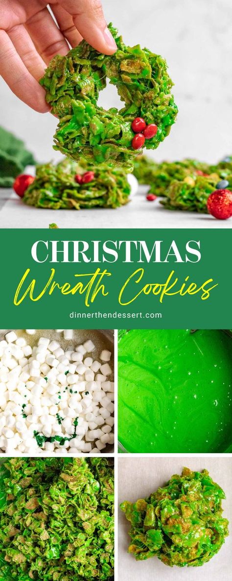 Christmas Wreath Cookies (No Bake!) are quick and easy festive marshmallow treats with crunchy cornflakes and mini chocolate coated candies. Quick and easy Cornflake Wreath Cookies are sure to be a hit this holiday season Christmas Cornflake Wreaths, Christmas Cookies Healthy, Christmas Gift Treats, Holiday Main Dishes, Cornflake Wreaths, Recipes For Christmas Cookies, Marshmallow Christmas, Holiday Party Treats, Christmas Wreath Cookies