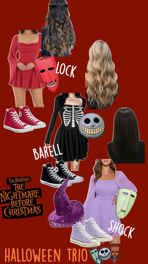 lock barrel and shock halloween costume Nightmare Before Christmas Trio, Costume Halloween Duo, Basic Halloween Costumes, Nightmare Before Christmas Costume, Corpse Bride Costume, Trio Costumes, Couples Halloween Costume Ideas, Costume Ideas For Couples, Classy Halloween Costumes