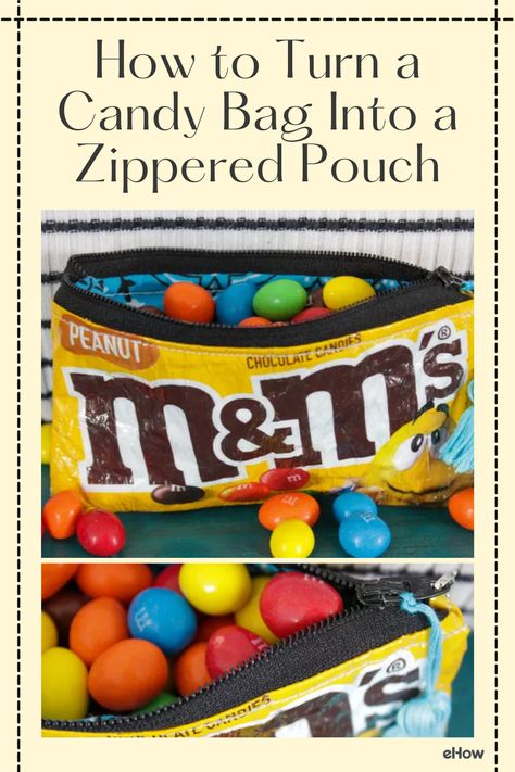 Zipper Pouch From Candy Bags, Things To Make With Zippers, Candy Bag Pouches, Candy Wrapper Zipper Pouch, Candy Pouches Diy, Candy Bag Zipper Pouch, Diy Candy Bags Ideas, Selling Candy Ideas, Candy Wrapper Crafts