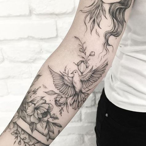 Dove Tattoo With Flowers, Dove Sleeve Tattoo Women, Dove And Flowers Tattoo, Roses And Doves Tattoo Sleeve, Tattoo Ideas Doves Birds, Short Quote Tattoos, Dove Tattoo Design, Quarter Sleeve Tattoos, Baby Tattoo Designs