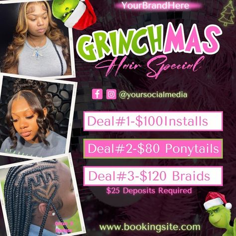 Hair Sale Flyer Ideas, Business Flyers Ideas Creative, Flyers For Hairstylist, Christmas Hair Sale Flyer, Christmas Hair Flyers Ideas, Sale Flyer Design Ideas, Hair Promotion Flyers, Hair Deals Flyer, Christmas Sales Ideas