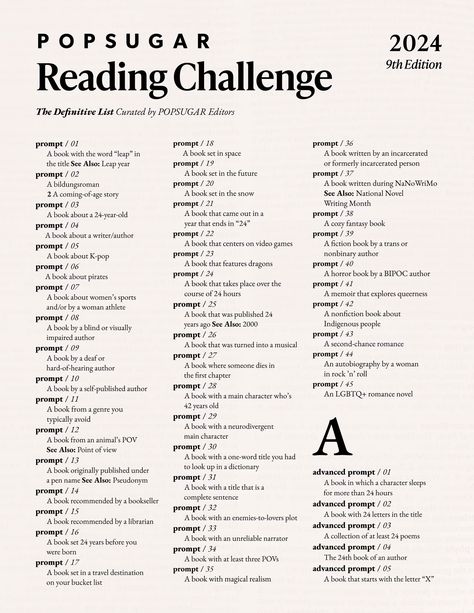 Take the POPSUGAR Reading Challenge 2024 | POPSUGAR Entertainment Pop Sugar Reading Challenge 2024, Writing Challenge 2024, Buzzword Reading Challenge, Reading Challenge Prompts, Popsugar Reading Challenge 2024, Monthly Reading Challenge 2024, A-z Reading Challenge, Book Challenge 2024, 2024 Book Reading Challenge