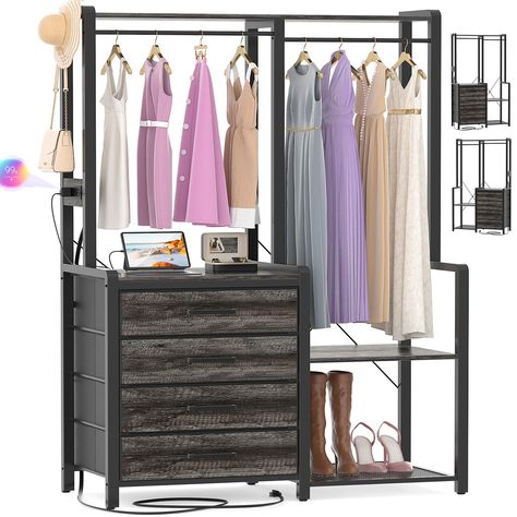 PRICES MAY VARY. 👚Multifunctional Clothes Rack: The clothes rack has a total of 5 different types of storage space, 4 large drawers, 3 storage shelves, 1 t-shirt hanging rod, 1 long dresser/coat hanging rod, and 1 top storage shelf, allowing you to have a variety of storage methods in limited space to keep everything in organize. 👗Garment Rack with 4 Fabric Drawers: Compared with wooden drawers, fabric drawers are easier to install, the Cyclysio garment rack has 4 large fabric drawers of 19.7" x 19.7" x 5.5", which provide private space while meeting the large storage capacity, and are very suitable for storing underwear, socks, pants, and other small items. 👢Adjustable & Reversible Closet Organizers: The clothing rack is reversible, you can choose to install the drawers at left or righ Small Clothes Rack, Multifunctional Clothes, Freestanding Closet, Free Standing Closet, Closet Rack, Long Dresser, Closet Organizing Systems, Garment Rack, Small Closet