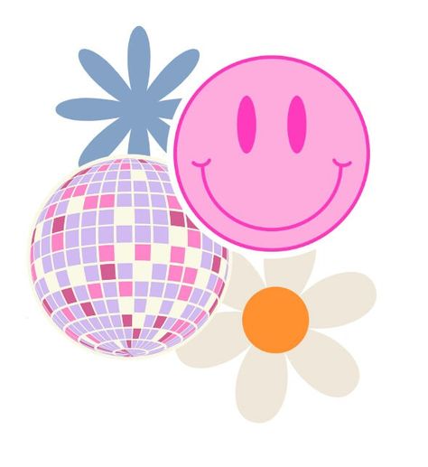 Smiley with the Disco! A Smiley, Disco Ball, and two cute Flowers all in one! Perfect for shirts or crafts! Easy to download svg! Groovy Smiley Face, Disco Png, Flower Smiley Face, Smile Svg, Smiley Face Design, Face Wallpaper, Chic Tattoo, Fav Products, Balls Shirt