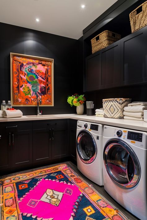 Transform Your Space with 15 Stunning Black Accent Walls - Planted Shack Dramatic Laundry Room, Black Laundry Room Walls, Black Laundry Room, Black Accent Wall Ideas, Black Accent Wall, Black Laundry, Simple Benches, Accent Wall Ideas, Large Chalkboard