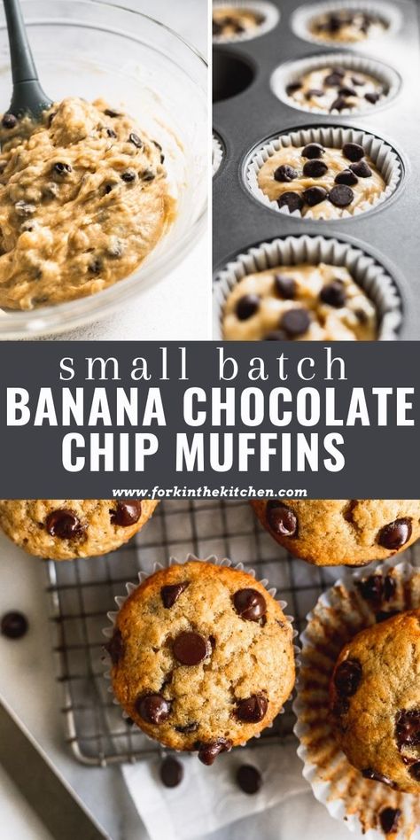 If you need a quick and easy breakfast that both you and your kids will love - these Small Batch Banana Chocolate Chips are your answer! They're light, moist, fluffy muffins you won't be able to resist. Luckily, since they're a small batch recipe, you'll have just the right amount (until you're craving more, that is!). Easy Banana Chocolate Chip Muffins, Banana Chip Muffins, Banana Chocolate Chips, Chocolate Chip Banana Bread Muffins, Banana Chocolate Muffins, Chocolate Chip Muffins Easy, Fluffy Muffins, Banana Muffins Easy, Chocolate Chip Muffin Recipe