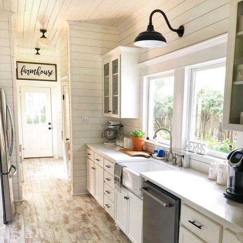 Modern Farmhouse Galley Kitchen, Galley Kitchen And Dining Room Combo, Galley Kitchen Redo, Farmhouse Galley Kitchen Ideas, Farmhouse Galley Kitchen, Stylish Small Kitchen, Magnolia Kitchen, Galley Kitchen Design, Kitchen Remodel Inspiration