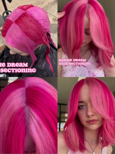 Hair Color Mapping, Fashion Color Ideas Hair, Pink Color Blocking Hair, Checkered Hair Color, Color Block Pixie Hair, Pink And Red Hair Split, Pink Split Dyed Hair, Hair Dye Combos, Neapolitan Hair Color