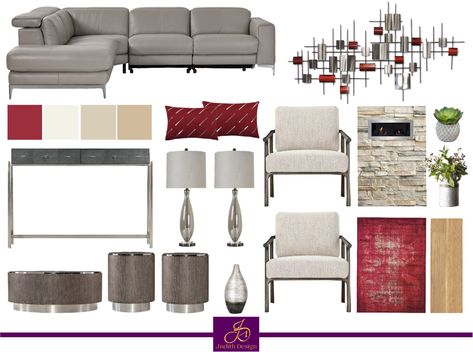 Living Room With Red Accents, Room With Red Accents, Contemporary Chic Living Room, Interior Design Elegant, Bachelor Pad Living Room, Living Room Design Board, Grey Leather Sectional, Chic Living Room Design, Center Table Living Room