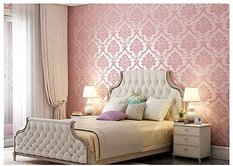 Pink Wallpaper For Walls Interiors, Pink And Gold Accent Wall, Pink Wallpaper Living Room, Room Wallpaper Pink, Bedroom Ideas For Couples Boho, Floral Wallpaper Pink, Pink Green Bedrooms, Wallpaper Bookcase, Pink Damask Wallpaper