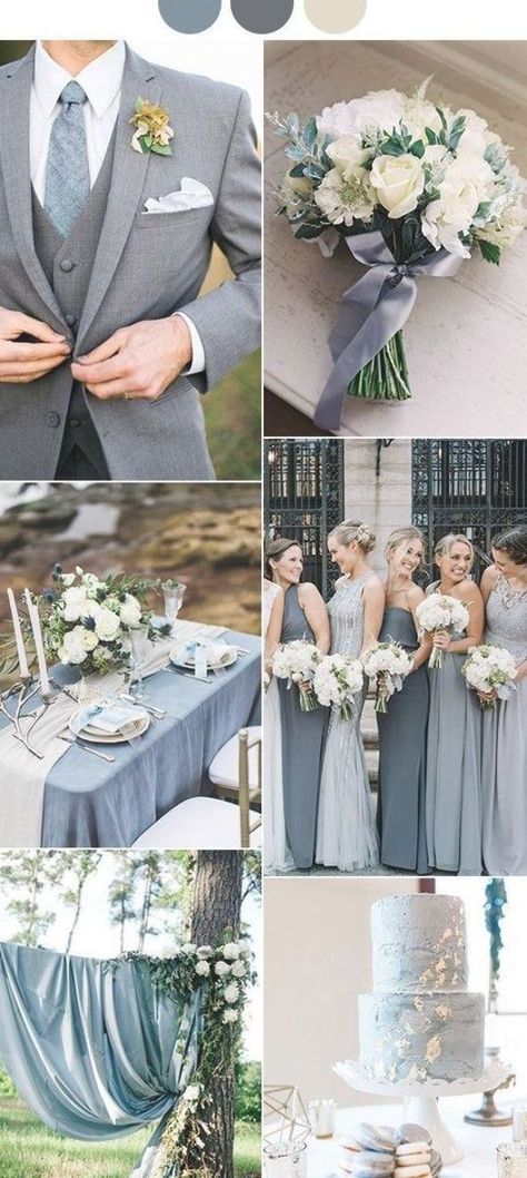 dusty blue and gray neutral wedding color ideas Grey Wedding Theme, Spring Wedding Outfit, Gray Wedding Colors, Wedding Color Scheme, Wedding Color Ideas, Neutral Wedding Colors, Wedding Color Trends, Blue Themed Wedding, Wedding Colors Blue