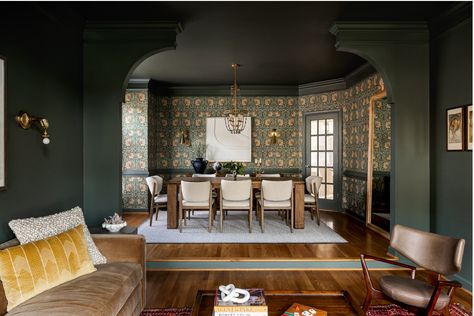 Moody Dining Room, Moody Home, Vintage Inspired Home, Cary North Carolina, Earthy Neutrals, Blue Dining Chair, Custom Coffee Table, Lighting Plan, Living Room Green