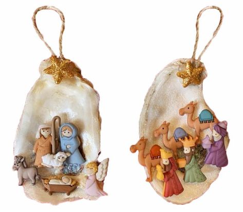 Christmas on the half shell anyone? #ornaments #christmas #oysterdecorations #nativity Oyster Shell Nativity, Shell Nativity, Seashell Tree, Christmas Gift Themes, Oyster Art, Seashell Christmas Ornaments, Oyster Ornament, Oyster Shell Crafts, Nativity Christmas