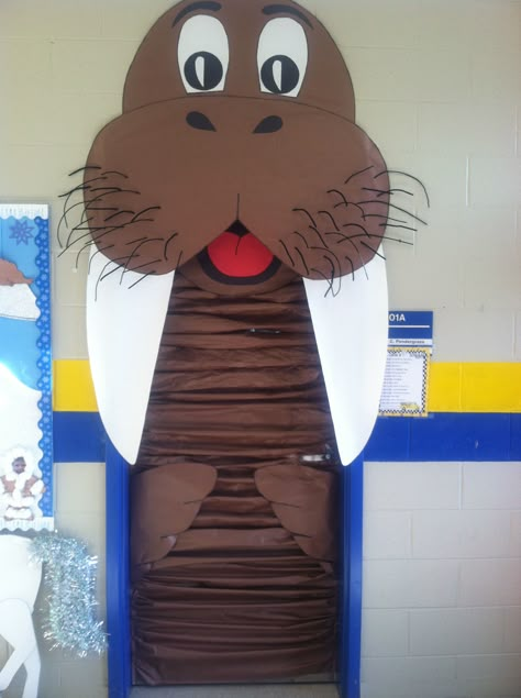 Walrus door decoration for school Door Decoration For School, Arctic Decorations, School Hallway Decorations, Ocean Classroom, Classroom Door Decor, School Hallway, Ocean Theme Classroom, School Door Decorations, Reading Month