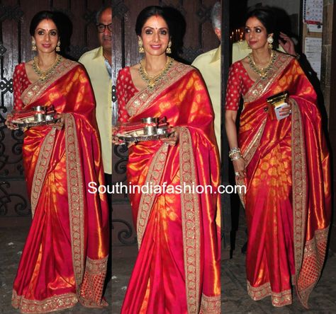 Sridevi Kapoor's Stunning Karwa Chauth Look in Sabyasachi saree Karwa Chauth Look, Sridevi Kapoor, Sri Devi, South Indian Wedding Saree, Sabyasachi Sarees, Indian Bridal Wear, Saree Blouses, Trendy Sarees, Elegant Saree