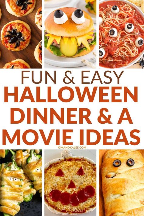 Kid Friendly Halloween Dinner Ideas, Dinner And Movie Ideas, Halloween Dinner Kids, Fun Halloween Dinner Ideas, Halloween Dinner Ideas Families, Halloween Dinner For Kids, Halloween Night Dinner, Halloween Movie Night Snacks, Halloween Food Ideas For Dinner