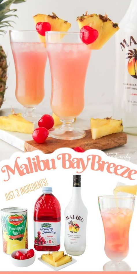 Malibu Bay Breeze Cocktail Recipe-- Fun summer easy alcohol drink to make for a pool party or girls night. Simple 3 ingredient cheap cocktail to make for a party. Pretty sunset sunrise looking drink in a glass. Malibu rum, cranberry juice, pineapple juice etc. So tasty and lovely! Peppermint Chocolate Martini Recipe, Rum Drinks Easy, Bay Breeze Cocktail, Crockpot Drinks, Malibu Bay Breeze, Jungle Juice Recipe, Malibu Rum Drinks, Malibu Pineapple, Malibu Cocktails