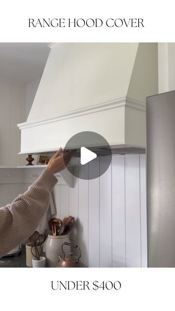 Erika | The Happy Home Project on Instagram: "DIY custom range hood cover 👇🏽 Adding a custom range hood cover to our newly renovated kitchen was the perfect final touch! Here’s how we did it… We started with finding an under cabinet range hood and secured it into place. In order for the cover to function properly, it was important to find a range with the switches located underneath. Once the range was secured to the wall, we used 2x4s to build the frame. This specific range has the option for non-ducted operation. To get the vent to function, we added a 6” flexible duct hose to a 6” registered duct boot. We mounted this to the side of the hood and used a charcoal filter so that the air will properly vent out the side of the hood. We covered the structure using ½” birch plywood and se Range Hood Under Shelf, How To Build A Custom Range Hood, 30 Inch Hood Cover, Diy Hood Fan Cover, Building A Range Hood Cover, Diy Hood Range Cover, Covered Range Hood, Kitchen Oven Hood Ideas, Diy Hood Vent Cover