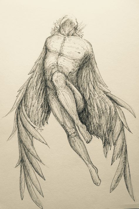 Fallen Angel Art Reference, Angel Wings Sketch Pencil, Angel Ink Drawing, Angel Flying Drawing Reference, Angels Sketch, Angels Flying, Falling Angel Art, The Fallen Angel Drawing, Falling Angels