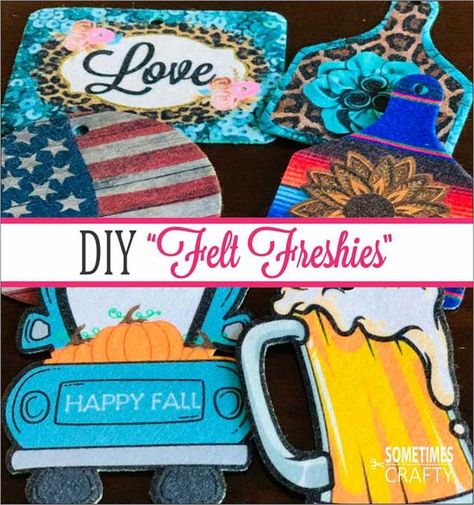 How to Make Car Air Fresheners with Felt Blanks - Sometimes Crafty Candy Corn Pumpkin, Handmade Air Freshener, Felt Car, Car Air Freshener Diy, Halloween Love, Diy Air Freshener, Christmas Tree Truck, Plaid Christmas Tree, Aroma Beads