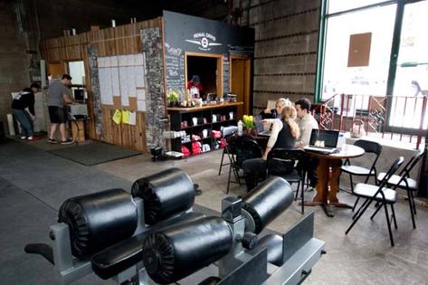 Mezzanine Cafe, City Gym, Dream Gym, Gym Design Interior, Gym Bar, News Cafe, Crossfit Gym, The Right Stuff, Coffee Shop Design