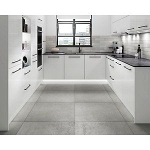 Grey Slabs In Kitchen, White Kitchen With Grey Tiles, Small Kitchen Grey Floor, Small Kitchen Floor Tiles, Kitchen With Grey Tiles, Grey Kitchen Counters, White Kitchen Grey Floor, Grey Floor Kitchen, Kitchen Grey Floor