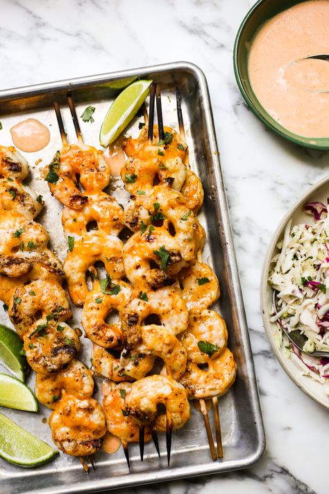 Sesame Slaw, Shrimp Skewer Recipes, Grilled Appetizers, The Defined Dish, Defined Dish, Grilled Shrimp Skewers, Bang Bang Shrimp, Shrimp Skewers, Homemade Mayonnaise