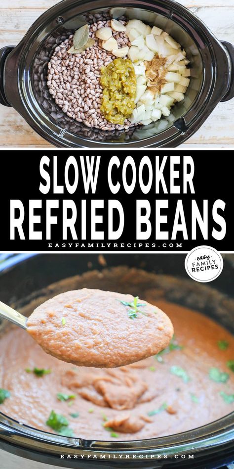 Making Refried Beans from scratch is easier than you think! With just a slow cooker, dried pinto beans and a handful of ingredients. This easy crockpot refried beans recipe cooks away all day giving you tons of flavor with no effort! This easy refried beans recipe feeds a crowd and is a great healthy side dish to add to any Mexican inspired meal. Try it with burritos, tacos, enchiladas, tostadas and more! Crock Pot Refried Beans Easy, Bariatric Refried Bean Recipes, Crock Pot Refried Beans, Refried Beans From Scratch, Slow Cooker Refried Beans, Crockpot Refried Beans, Mexican Side Dish, Beans Recipe Crockpot, Side Dish Easy